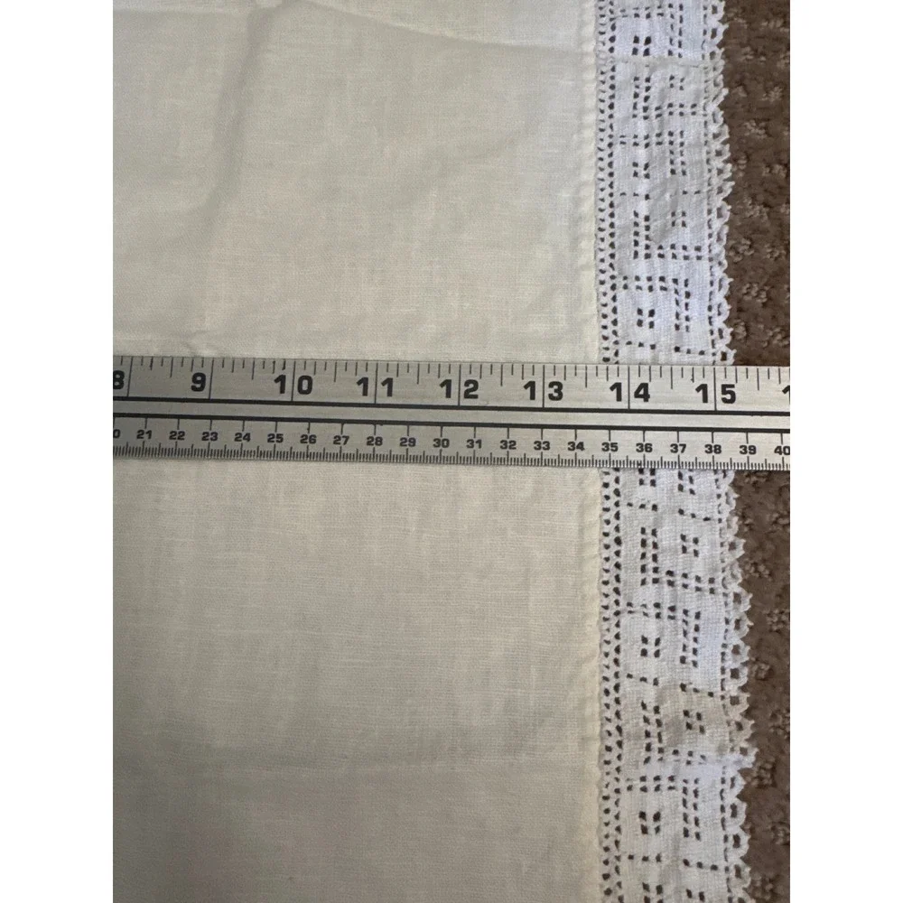 Vintage Cream Linen Tablecloth Crocheted Lace Trim Square 15in Farmhouse Decor